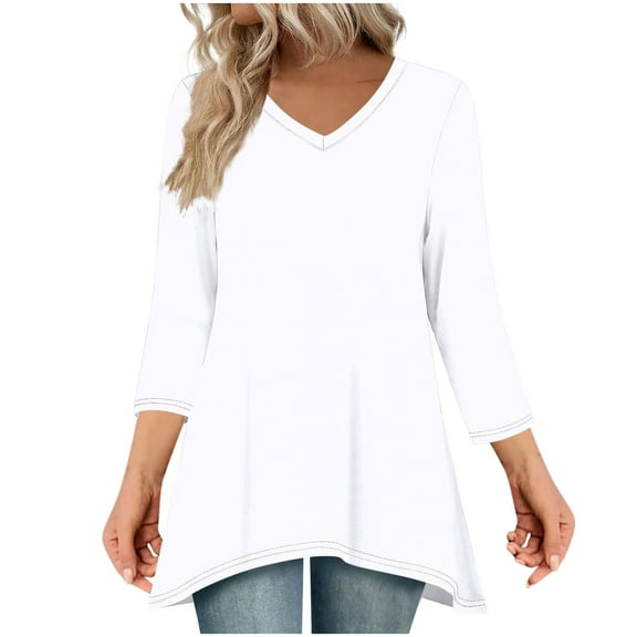 BLVB 3/4 Sleeve Tunic Tops for Women Loose Fit Dressy Casual Blouses V Neck Oversized T Shirts with Asymmetrical Hem