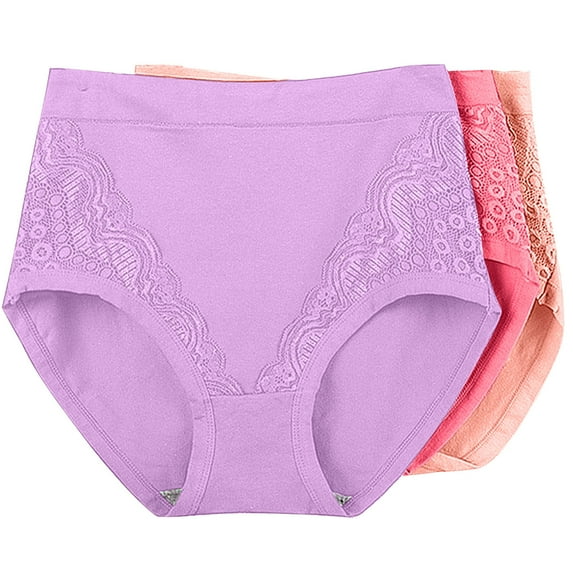 BLVB 3 Pack Cotton Underwear for Women Lace Stretchy Soft Ladies Underpants High Waist Breathable Panties Briefs