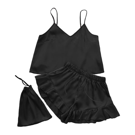 BLVB 3pcs Silk Satin Pajamas for Women sleeveless Cami Tops and ruffle shorts sets summer Sleepwear loungewear Pjs