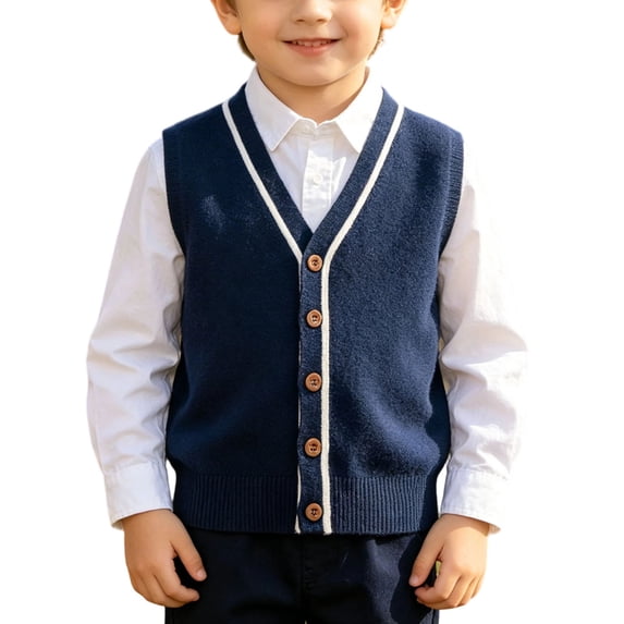 BLVB Baby Boys Girls School Uniform Sweater Vest Kids V-Neck Button Sleeveless Cardigan for Children Toddler(Navy,18-24 Months)