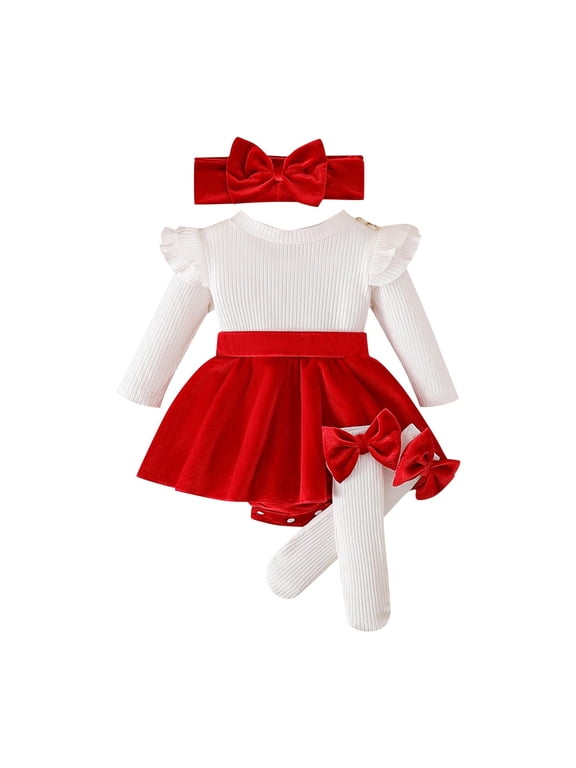 Baby Girl Clothes Newborn Fall Winter Holiday Outfit Ruffled Long Sleeve Romper Dress Headband Skirt Socks Set 1-18 Months