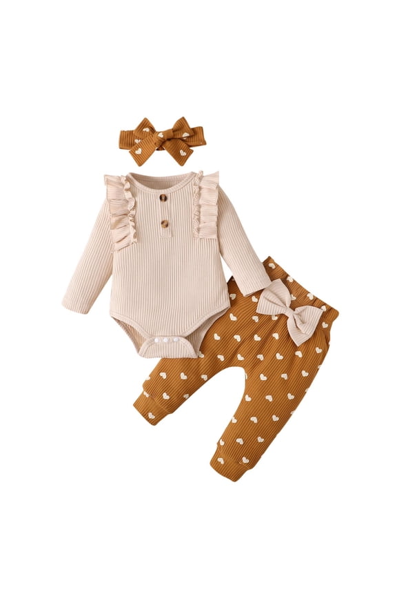 Baby Girl Fall Outfits Long Sleeve Ruffled Ribbed Knit Romper Heart Print Pants Infant Winter Clothes 3-18 Months