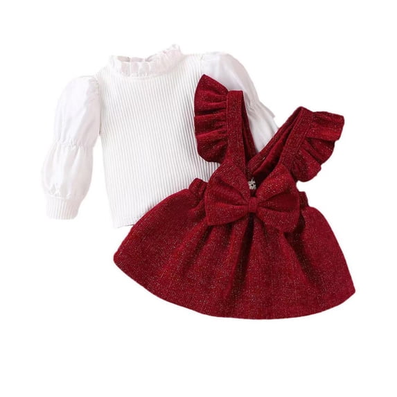 BLVB Baby Girl Outfits Infant Bubble Long Sleeve Ribbed T-Shirt Bow Overall Dresses Suspender Skirt Set Fall Winter Clothes 3-24M