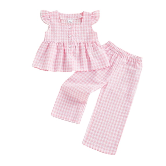 BLVB Baby Girls Summer 2 Piece Outfits Ruffle Sleeve Button up Tops Plaid Pants Spring Toddler Girl Clothes