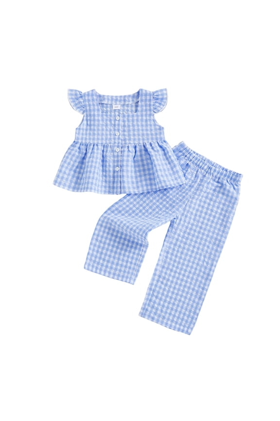 Baby Girls Summer 2 Piece Outfits Ruffle Sleeve Button up Tops Plaid Pants Spring Toddler Girl Clothes