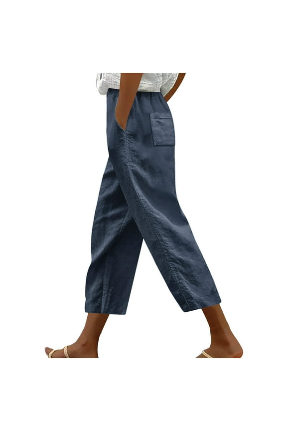 Beach Pants Women Capris Pants for Women Summer Wide Leg Loose Elastic Waist Cropped Trouser Vacation Clothes with Pockets