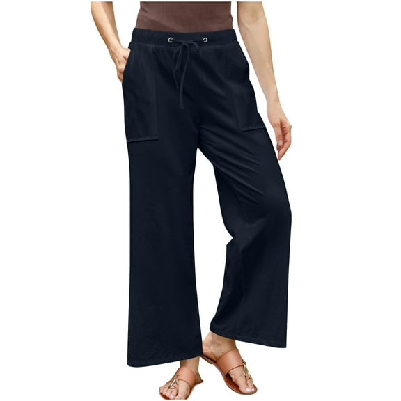 BLVB Beach Pants for Women Trendy Lounge Loose Drawstring Elastic Waist Cotton Linen Pant Trousers Casual Summer Slacks Clothes