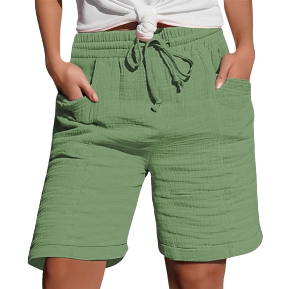 BLVB Bermuda Shorts for Women Knee Length Elastic Waist Drawstring Shorts Summer Lounge Beach Bottoms with Pockets
