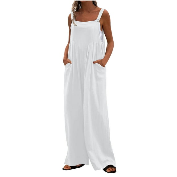 BLVB Bib Overalls for Women Solid Color Casual Jumpsuits Adjustable Straps Sleeveless Cute Rompers with Pocket