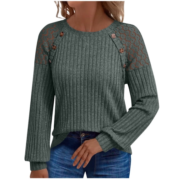 BLVB Blouse for Women Long Sleeve Lace Crewneck Shirts Pullover Fall Cute Solid Color Ribbed Knit Sweaters Tunic Clothes