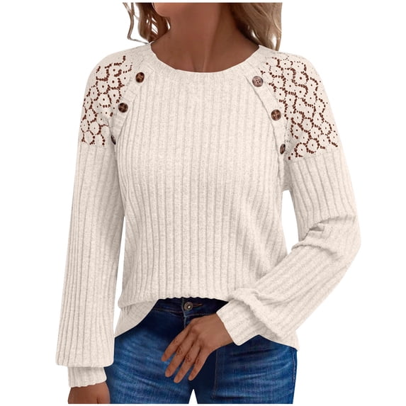 BLVB Blouse for Women Long Sleeve Lace Crewneck Shirts Pullover Fall Cute Solid Color Ribbed Knit Sweaters Tunic Clothes