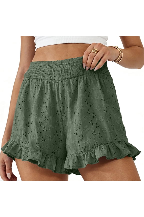 Boho Shorts for Women Summer Beach Vacation Clothes Spring Elastic Waist Embroidered Ruffle Lounge Shorts