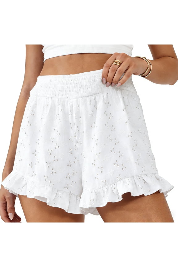 Boho Shorts for Women Summer Beach Vacation Clothes Spring Elastic Waist Embroidered Ruffle Lounge Shorts