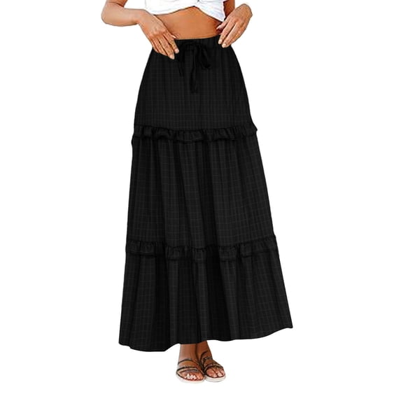 BLVB Boho Skirt for Women Elastic Waist Drawstring Ruffle Tiered A-Line Flowy Beach Vacation Maxi Long Skirts