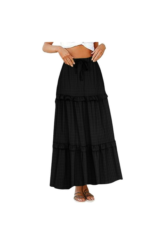 Boho Skirt for Women Elastic Waist Drawstring Ruffle Tiered A-Line Flowy Beach Vacation Maxi Long Skirts