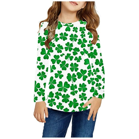 BLVB Boy Girl St Patricks Day Shirts Clover Shamrock Long Sleeve Tshirt for Kids Green Tee Tops 3-14 Years
