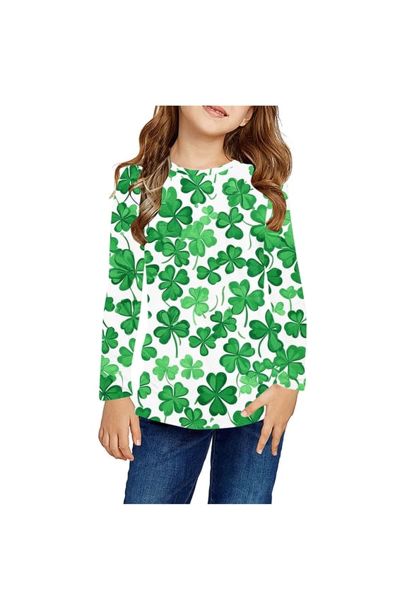 Boy Girl St Patricks Day Shirts Clover Shamrock Long Sleeve Tshirt for Kids Green Tee Tops 3-14 Years