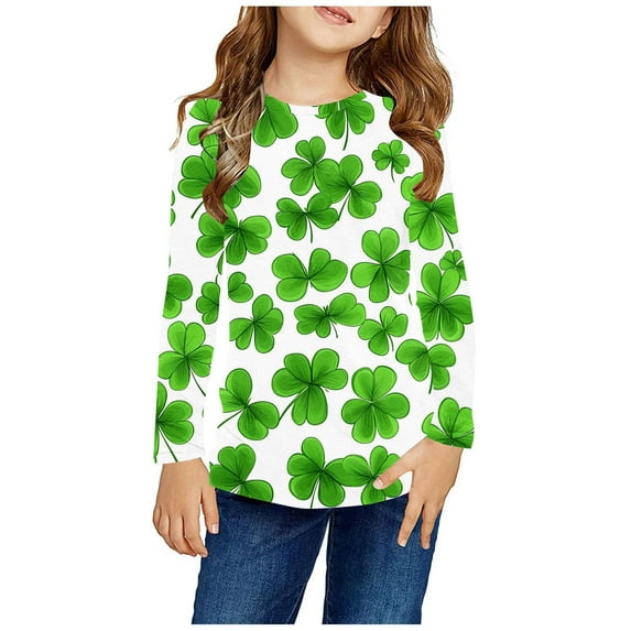 BLVB Boy Girl St Patricks Day Shirts Clover Shamrock Long Sleeve Tshirt for Kids Green Tee Tops 3-14 Years