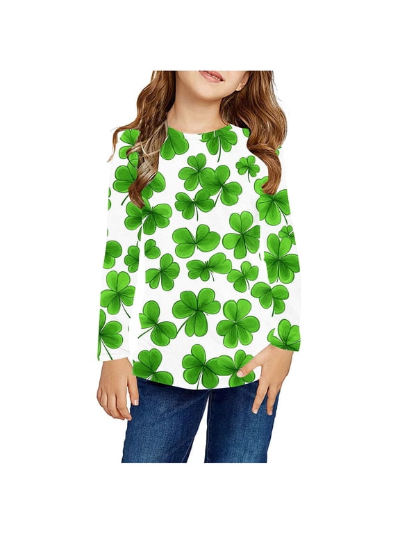 Boy Girl St Patricks Day Shirts Clover Shamrock Long Sleeve Tshirt for Kids Green Tee Tops 3-14 Years
