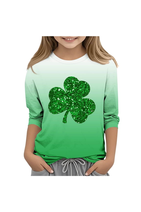 Boy Girl St Patricks Day T-Shirts Toddler Shamrock Clover Green 3/4 Sleeve Crewneck Tee Tops for Kids 3-13 Years