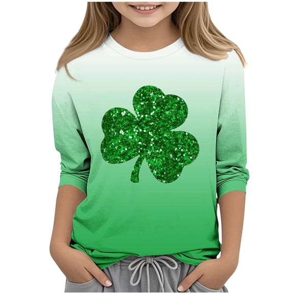 BLVB Boy Girl St Patricks Day T-Shirts Toddler Shamrock Clover Green 3/4 Sleeve Crewneck Tee Tops for Kids 3-13 Years