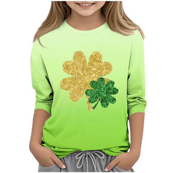 BLVB Boy Girl St Patricks Day T-Shirts Toddler Shamrock Clover Green 3/4 Sleeve Crewneck Tee Tops for Kids 3-13 Years