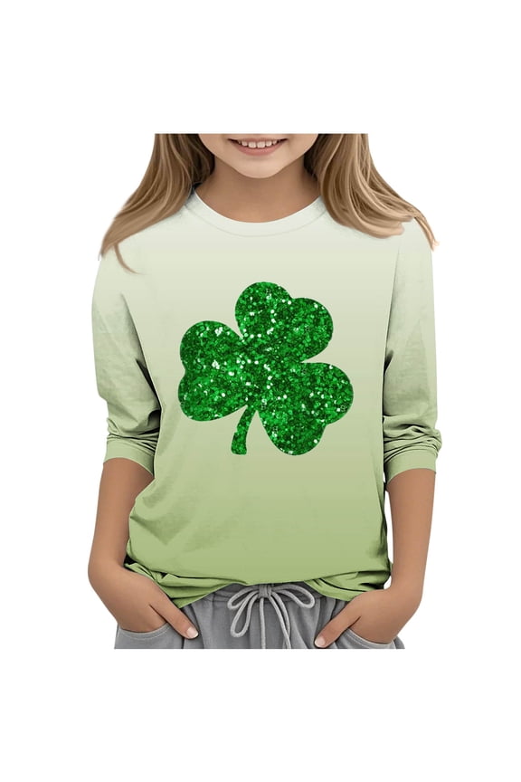 Boy Girl St Patricks Day T-Shirts Toddler Shamrock Clover Green 3/4 Sleeve Crewneck Tee Tops for Kids 3-13 Years