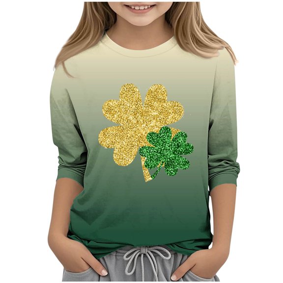 BLVB Boy Girl St Patricks Day T-Shirts Toddler Shamrock Clover Green 3/4 Sleeve Crewneck Tee Tops for Kids 3-13 Years