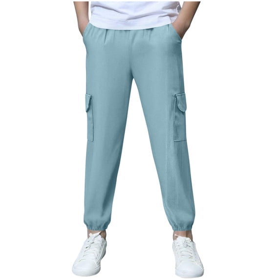 BLVB Boys Cotton Linen Pull-On Cargo Jogger Pants Solid Color Casual Kids Pants High Waist Lightweight Trousers with Pockets