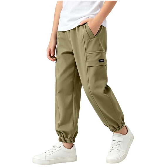 BLVB Boys Fleece Lined Warm Joggers Pants Elastic Waisted Thermal Winter Water Resistant Hiking Cargo Pants(Army Green,9-10 Years)