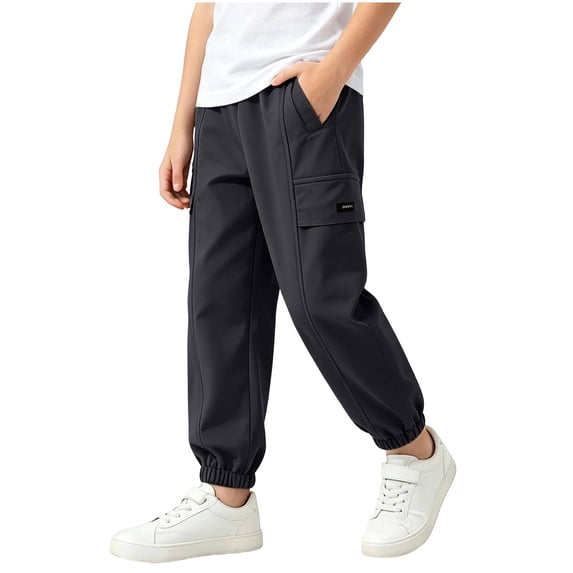 BLVB Boys Fleece Lined Warm Joggers Pants Elastic Waisted Thermal Winter Water Resistant Hiking Cargo Pants(Black,12-13 Years)