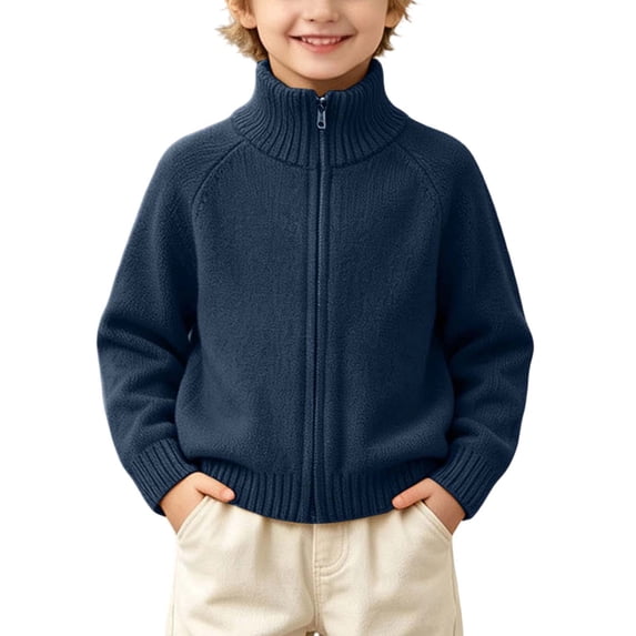 BLVB Boys Girls Full Zip Cardigan Sweater Turtleneck Raglan Long Sleeve Casual Fall Winter Outerwear for Toddler Baby Kids(Navy,3-4 Years)
