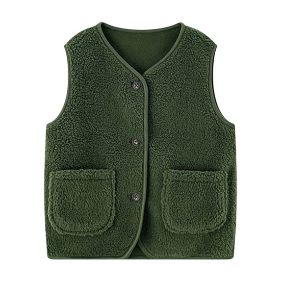 BLVB Boys Girls Fuzzy Fleece Vest Sherpa Warm Winter Sleeveless Button down Kids Jackets Coats with Pockets(Army Green,10-11 Years)
