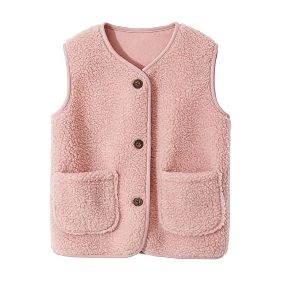 BLVB Boys Girls Fuzzy Fleece Vest Sherpa Warm Winter Sleeveless Button down Kids Jackets Coats with Pockets(Pink,6-7 Years)