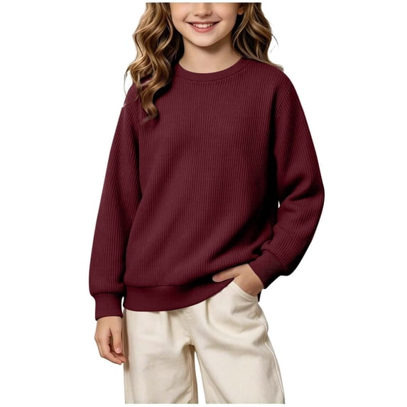 BLVB Boys Girls Knit Sweater Long Sleeve Crewneck Solid Color Soft Loose Pullover for Teen Kids Cozy Casual Fall Winter Jumper Top(Wine,9-10 Years)