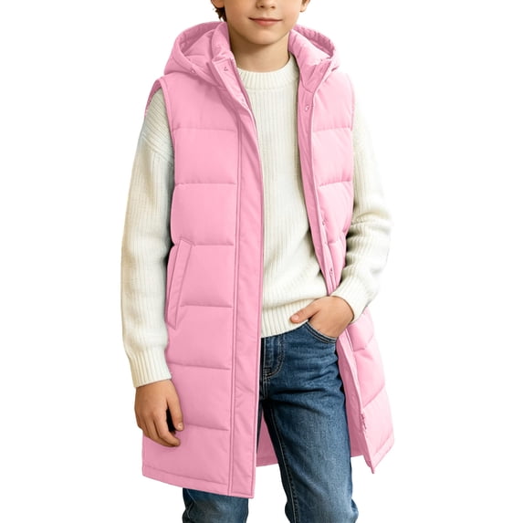 BLVB Boys Girls Long Hooded Puffer Vest Winter Warm Zip up Padded Coat Teen Kids Thick Jacket with Pockets(Pink,12-13 Years)