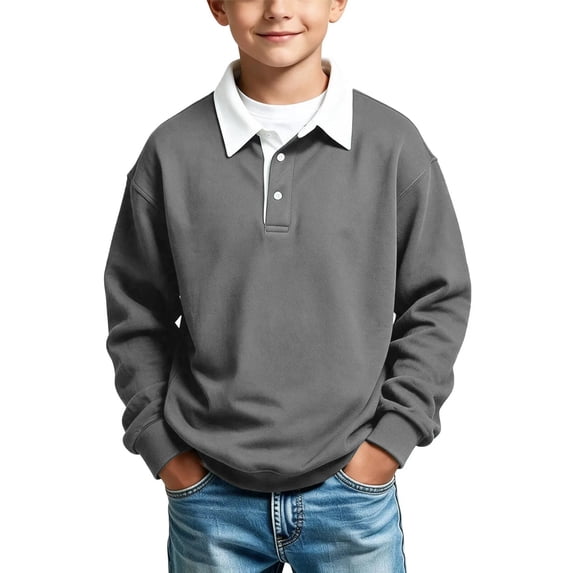 BLVB Boys Girls Long Sleeve Sweatshirts Kids Button Collared School Uniform Tops Drop Shoulder Pullover 3-14Y(Gray,3-4 Years)