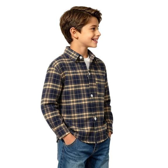 BLVB Boys Girls Plaid Button down Shirts Toddler Kids Long Sleeve Casual Western Shirts with Chest Pocket 2-15 Years(Black,7-8Years)