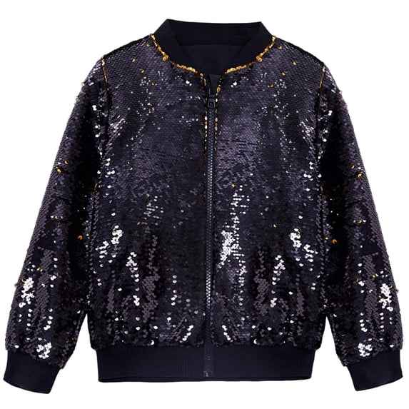 BLVB Boys Girls Sequin Jacket with Pockets Lightweight Sparkle Glitter Dance Performance Outwear Long Sleeve Zipper Coat for Kid(Black,4-5Years)