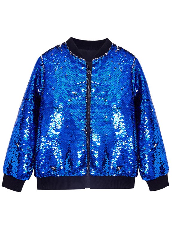 Boys Girls Sequin Jacket with Pockets Lightweight Sparkle Glitter Dance Performance Outwear Long Sleeve Zipper Coat for Kid(Blue,2-3Years)