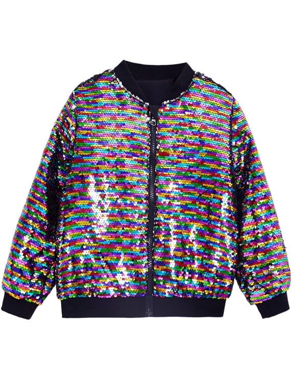 Boys Girls Sequin Jacket with Pockets Lightweight Sparkle Glitter Dance Performance Outwear Long Sleeve Zipper Coat for Kid(Multicolor,4-5Years)