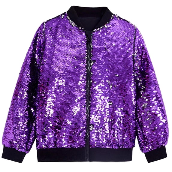 BLVB Boys Girls Sequin Jacket with Pockets Lightweight Sparkle Glitter Dance Performance Outwear Long Sleeve Zipper Coat for Kid(Purple,6-7Years)