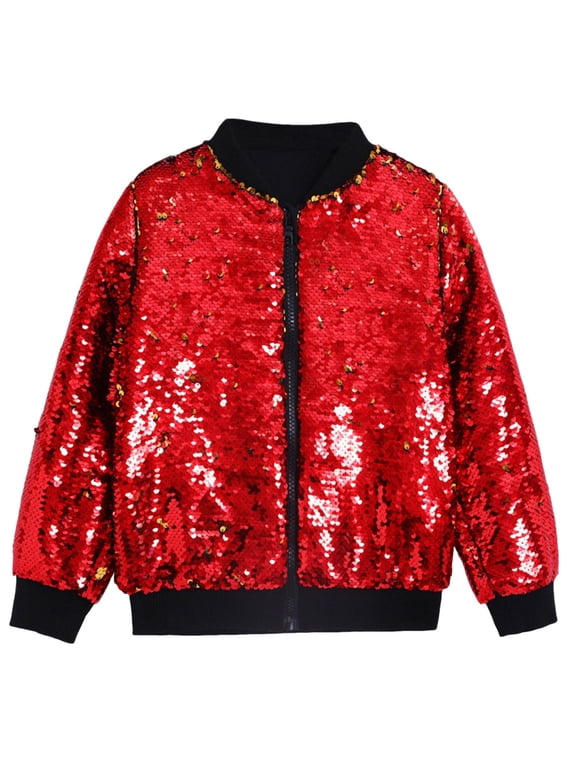 Boys Girls Sequin Jacket with Pockets Lightweight Sparkle Glitter Dance Performance Outwear Long Sleeve Zipper Coat for Kid(Red,2-3Years)