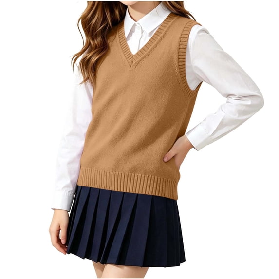 BLVB Boys Girls Sweater Vest Cotton Kids Uniform Vest Sleeveless Knit Pullover V Neck Sweater Vest for Teen Boy Girls(Khaki,7-8Years)