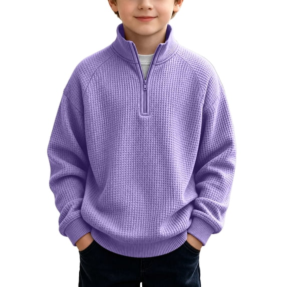 BLVB Boys Girls Waffle Knit Quarter Zip Sweatshirts Fashion Long Sleeve Pullover Tops Athletic Casual Clothes(Purple,7-8 Years)