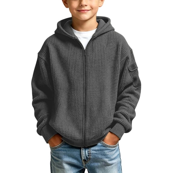 BLVB Boys Girls Zip up Hoodies Kids Long Sleeve Waffle Knit Sweatshirt Fall Trendy Clothes Teens Hooded Jackets(Dark Gray,13-14 Years)