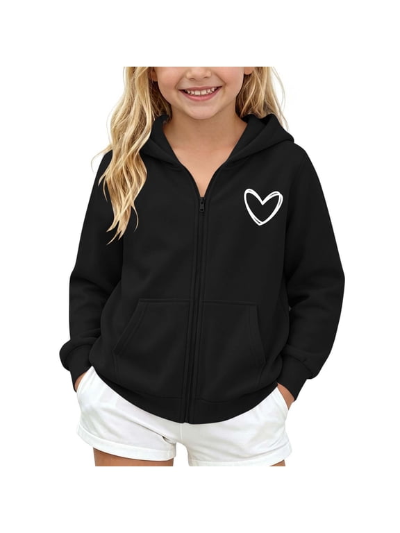 Boys Girls Zip up Hoodies Teen Full-Zip Heart Graphic Sweatshirts Jacket Casual Fall Outwear with Pocket(Black,13-14 Years)