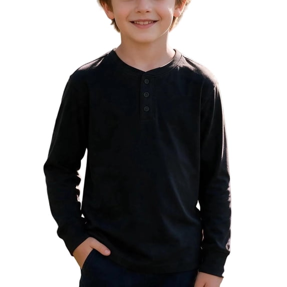 BLVB Boys Henley Long Sleeve T-Shirt Casual Crewneck Tops Loose Button Basic Tee Teen Kids Layer Clothes 5-15Y(Black,11-12 Years)