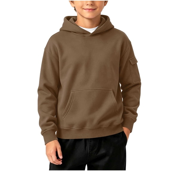 BLVB Boys Hoodies Casual Solid Color Pullover Long Sleeve Hooded Sweatshirt Kids Fall Clothes 4-15 Years(Coffee,8-9Years)