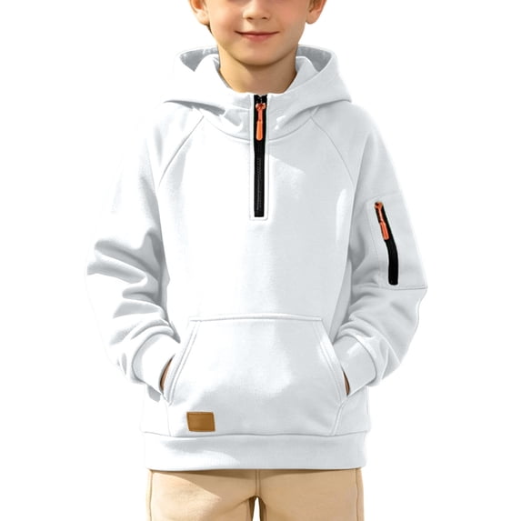BLVB Boys Quarter Zip Fleece Hoodie Soft Casual Long Sleeve Sweatshirt Pullover Kids Clothes with Pockets(White,14-15 Years)